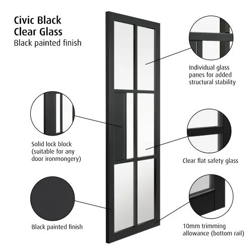 Civic Black Clear Glazed Internal Door - Image 2